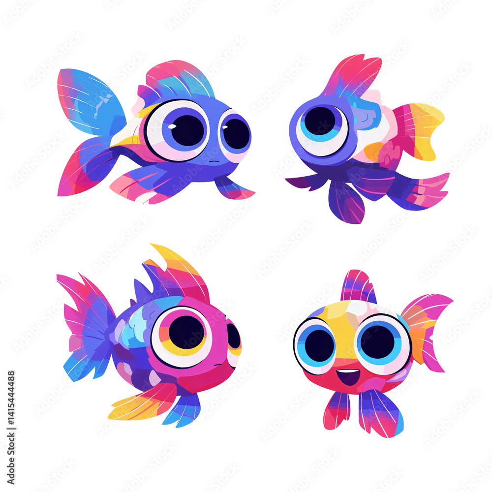 Obraz premium Colorful cartoon fish characters isolated on transparent background. Cute aquatic clipart for children's book illustration, ocean themed party invitation, or marine life education material