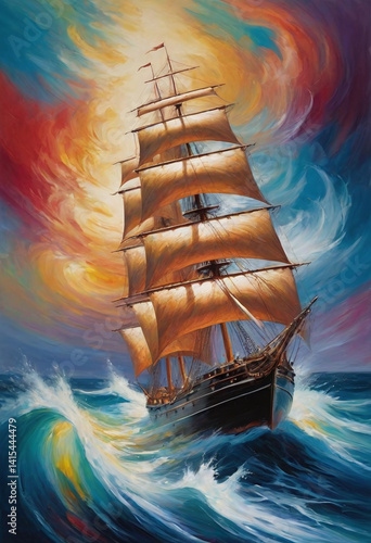 A classic sailing ship with tan sails braves rough, colorful waves under a swirling, multicolored sky, painted with expressive strokes and vibrant hues