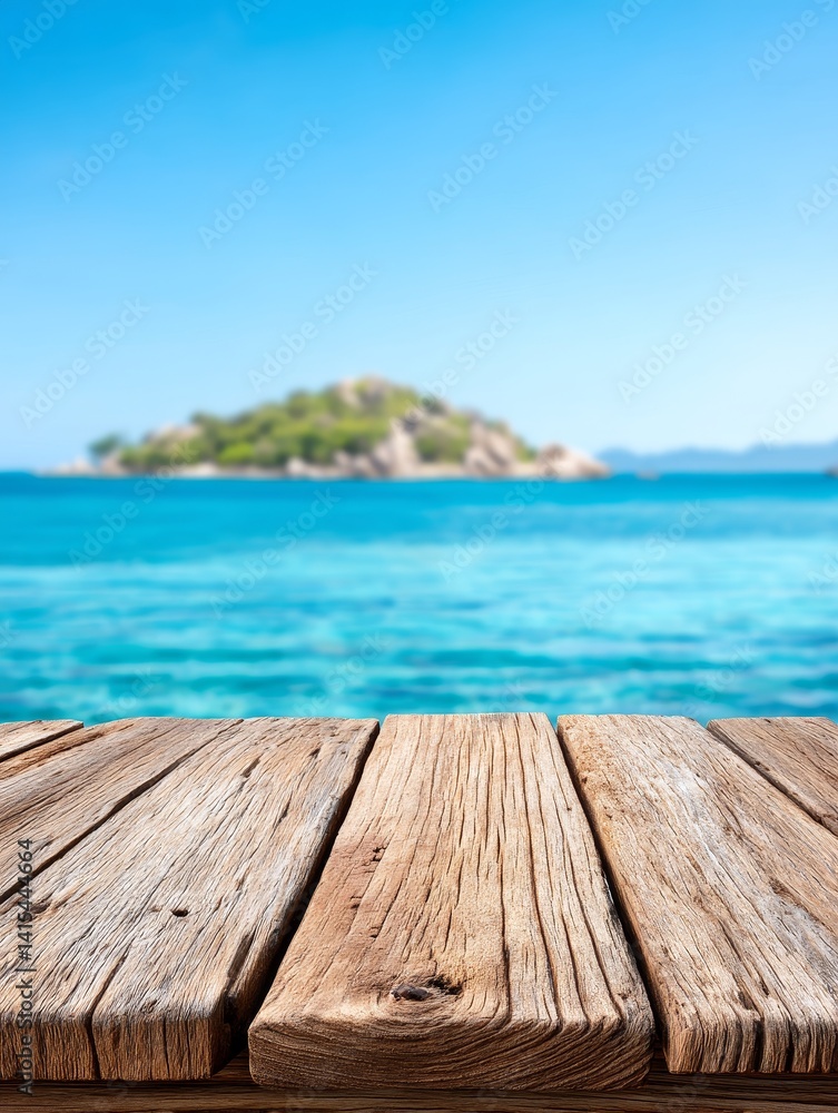 Fototapeta premium Tranquil Island Seascape with Wooden Deck - Serene ocean view with a small island in the background, featuring a weathered wooden deck in the foreground, ideal for product placement or travel themes