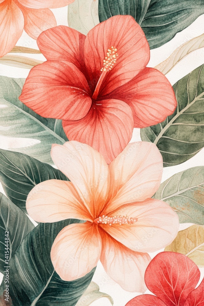 custom made wallpaper toronto digitalVibrant Hibiscus Flowers with Tropical Leaves on Soft Background