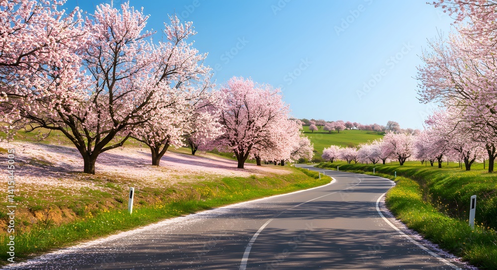 Driving Through Blossom Trees on Winding Country Road in Spring Driving Through Blossom Trees on Winding Country Road in Spring