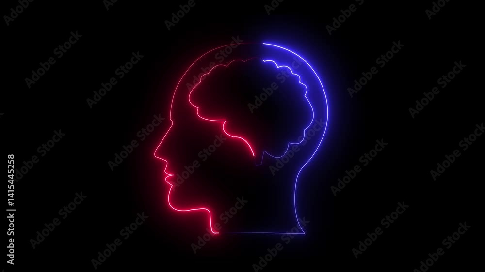 Brain and human head icon, Human head line icon animation. Neon Brain Icon, Glowing Human Intelligence Profile. Brain and human head icon, Human head line icon animation. Neon Brain Icon, Glowing Human Intelligence Profile.
