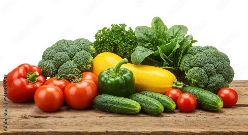 High-quality organic vegetables arranged on a rustic wooden surface isolated on white background High-quality organic vegetables arranged on a rustic wooden surface isolated on white background