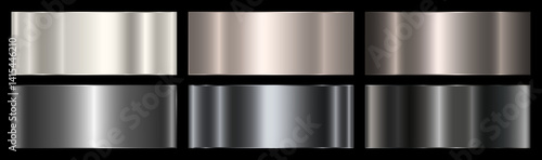 A set of dark and light silver gradients on a black background. Metallic gradient effects for text and infographic design. Collection of platinum and silver gradients. Vector EPS 10.