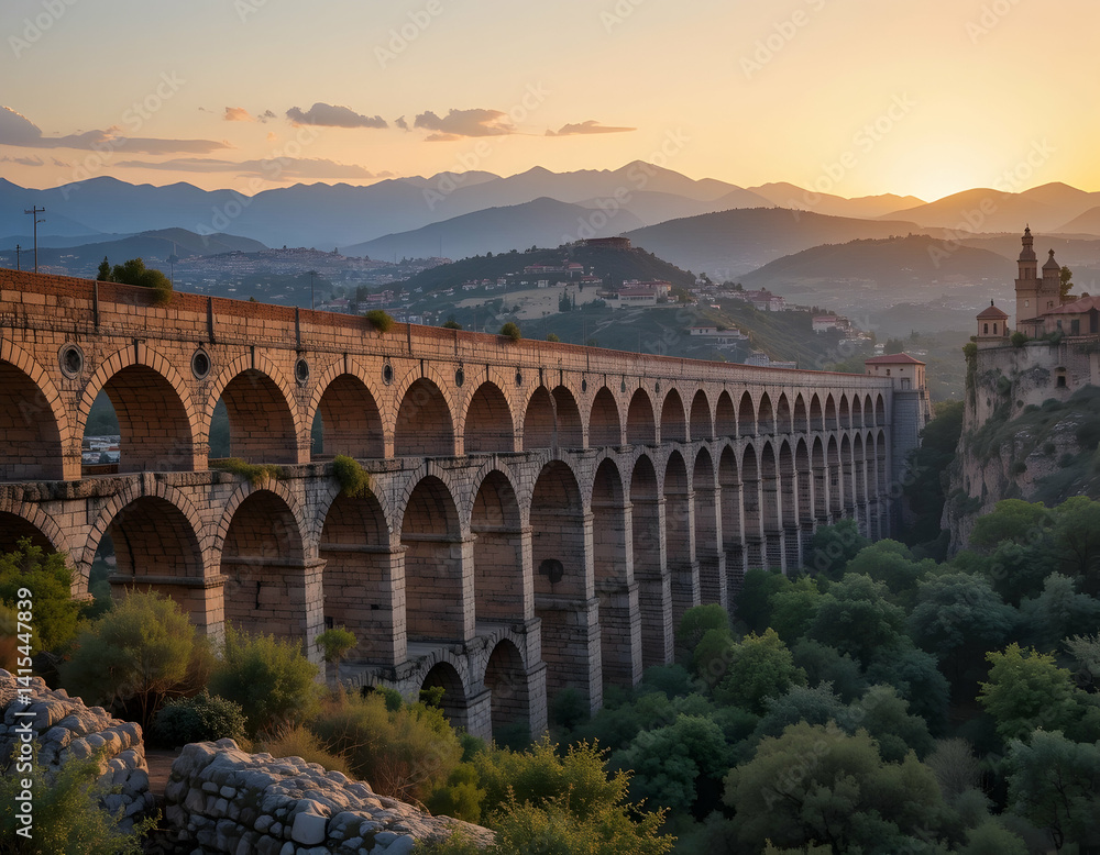 Fototapeta premium Stone Aqueduct Spanning Valley at Sunset with Distant Mountain Views