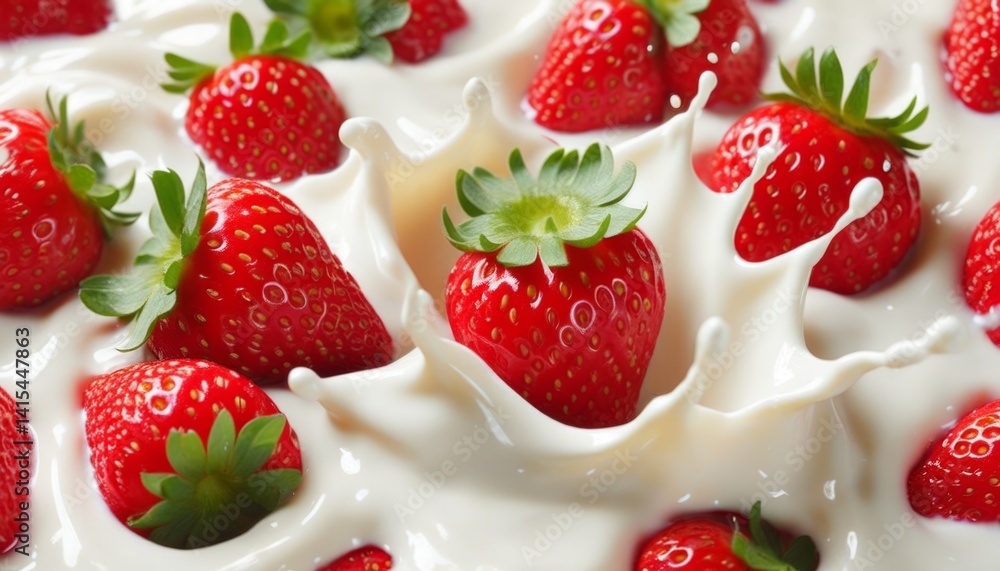 A burst of fresh strawberries splashes into creamy milk, creating an eye-catching display. The vivid red fruits contrast beautifully with the white milk, showcasing a moment of culinary joy