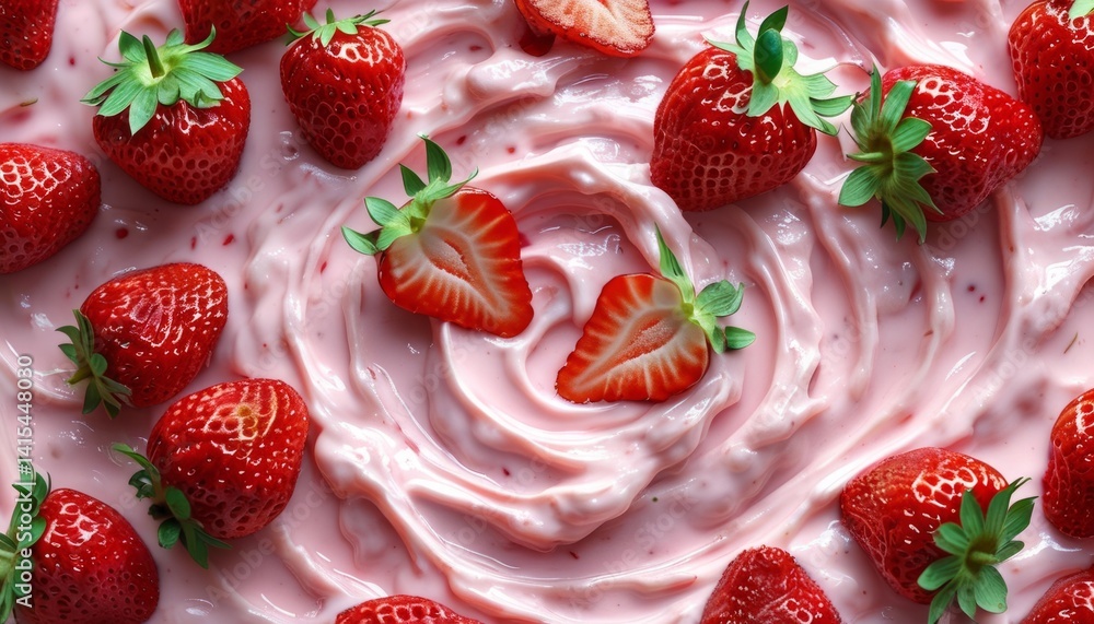 Bright red strawberries are beautifully placed on a swirled creamy pink dessert. The colorful setup highlights the freshness of the fruit, making it a delightful treat