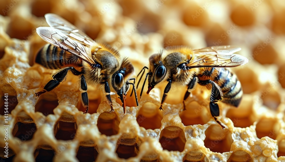 Two bees engage in collaborative activity on honeycomb inside a beehive, showcasing their intricate roles in the hive environment under natural light