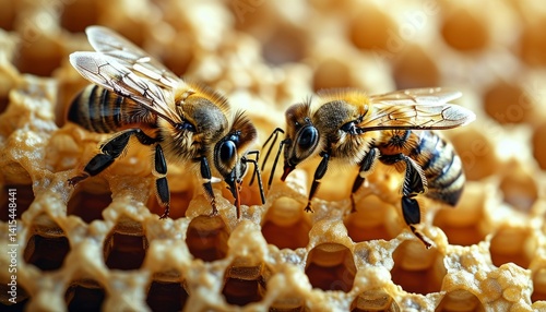 Two bees engage in collaborative activity on honeycomb inside a beehive, showcasing their intricate roles in the hive environment under natural light