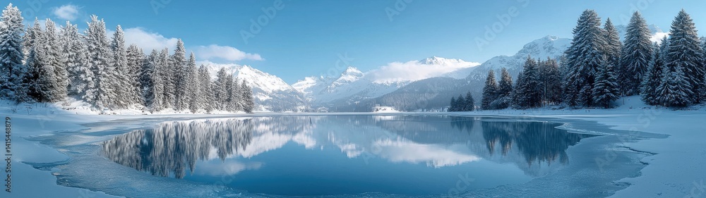 Fototapeta premium A panoramic view captures a frozen lake reflecting snow-covered mountains and evergreen trees on a clear day.
