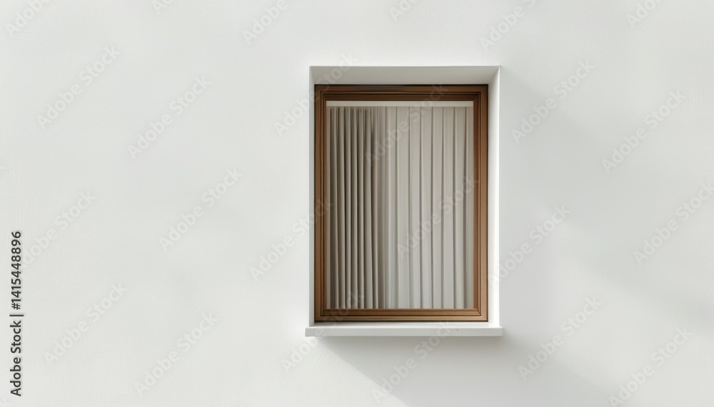 A rectangular window with a wooden frame features vertical blinds. It is set in a sleek white wall, highlighting a minimalist and modern architectural style in an urban setting