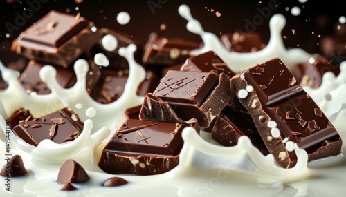Chunks of dark chocolate fall into a pool of white milk, creating a splash. The moment captures the rich textures and colors, showcasing a delicious dessert experience