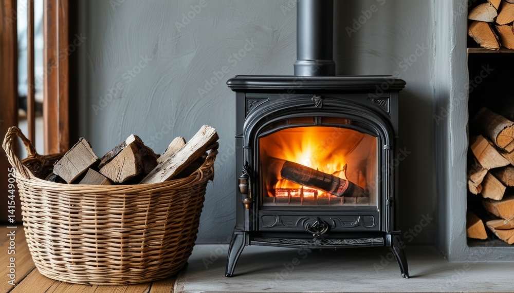 Warm flames flicker inside a sleek wood stove while neatly stacked logs await use in a stylish living space. The inviting atmosphere emphasizes comfort and relaxation