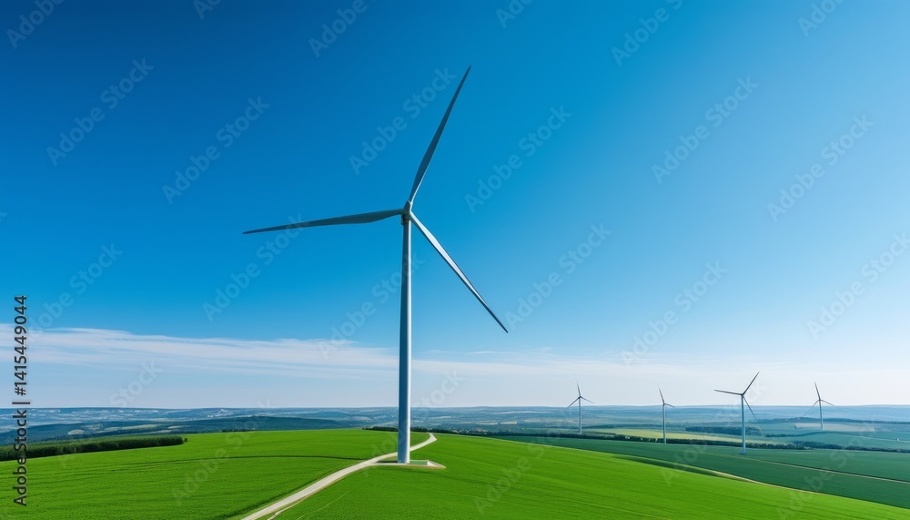 Tall wind turbines stand in a vibrant green field, harnessing wind energy in a rural area during a clear day. The blue sky complements the peaceful surroundings