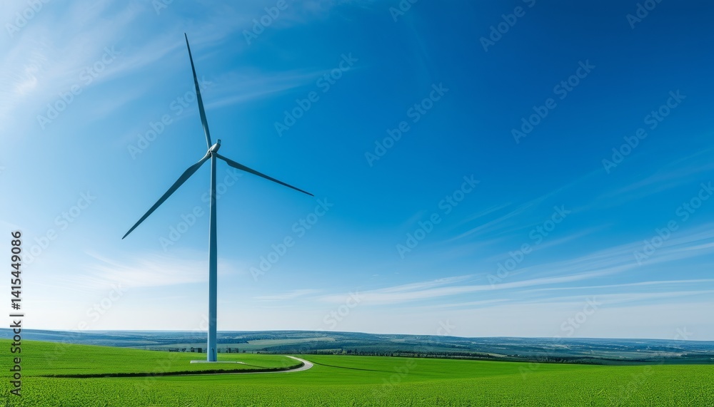 A large wind turbine is prominently situated in a vibrant green field. The clear blue sky and gentle breeze create an ideal setting for renewable energy production