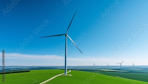 Obraz na płótnie Tall wind turbines stand in a vibrant green field, harnessing wind energy in a rural area during a clear day. The blue sky complements the peaceful surroundings w salonie
