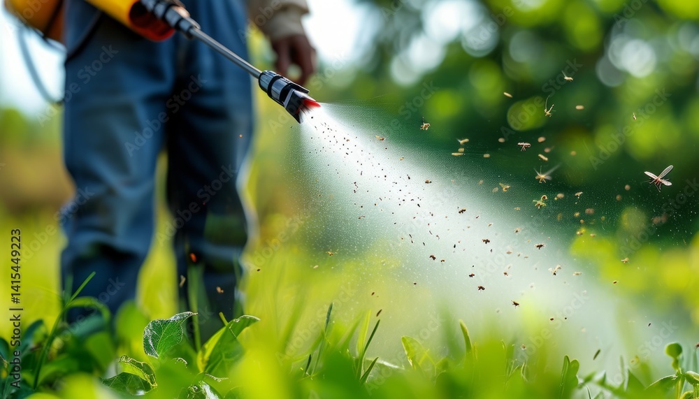 A gardener applies pesticide to a vibrant green crop in the countryside. Bright sunlight enhances the lush vegetation, creating a serene agricultural atmosphere