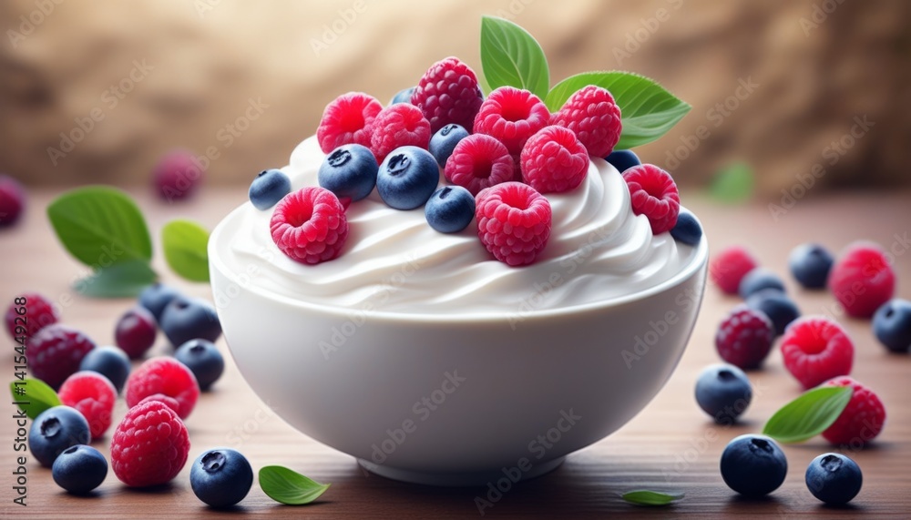 A bowl of smooth yogurt is generously topped with vibrant raspberries and blueberries. Surrounding the bowl, scattered berries and green leaves add a fresh touch to the rustic setting