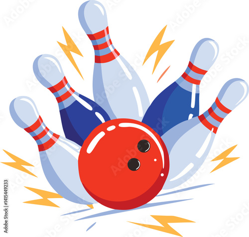 Bowling Ball Striking Down Pins Cartoon Illustration