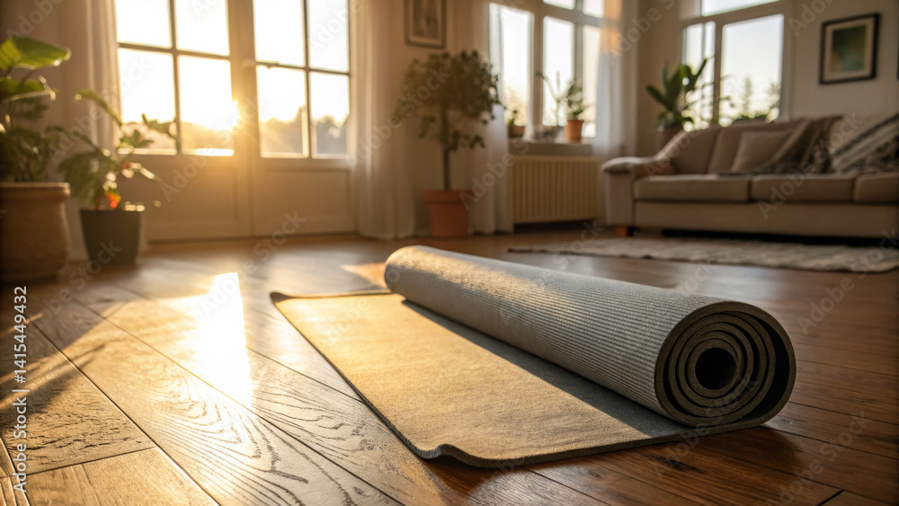 A rolled yoga mat sits on wooden flooring in a bright living room. Sunlight filters through the windows, casting a warm glow. Indoor plants add life to the space