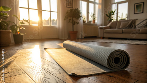 Obraz na płótnie A rolled yoga mat sits on wooden flooring in a bright living room. Sunlight filters through the windows, casting a warm glow. Indoor plants add life to the space w salonie