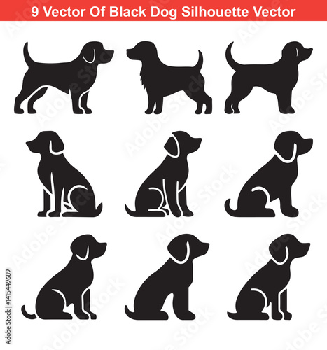 Fotografía Black Dog Silhouette Icons Collection in Sitting and Standing Poses Isolated on