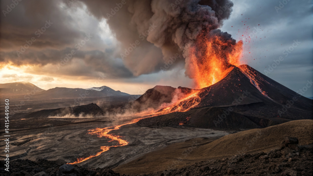 A volcano erupts fiercely, sending lava flowing down its slopes and thick ash clouds into the sky during a dramatic sunset. The fiery spectacle unfolds in a desolate terrain