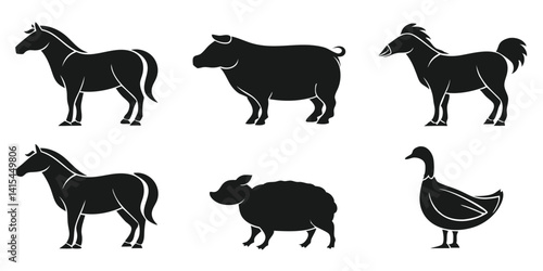 Black horse silhouettes vector set, farm animal illustration