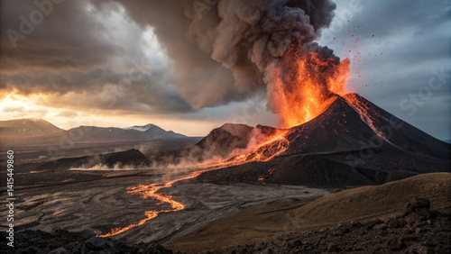 Obraz na płótnie A volcano erupts fiercely, sending lava flowing down its slopes and thick ash clouds into the sky during a dramatic sunset. The fiery spectacle unfolds in a desolate terrain w salonie