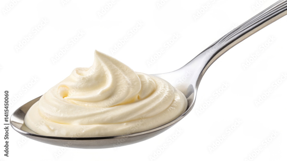 A spoon holds a generous dollop of whipped topping, showcasing its creamy texture. The setting hints at a kitchen environment with bright lighting, ideal for culinary creations