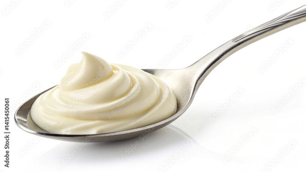 A spoon holds a dollop of creamy sauce, showcasing its smooth texture and inviting swirls. This sauce is commonly used in various dishes to enhance flavor and richness