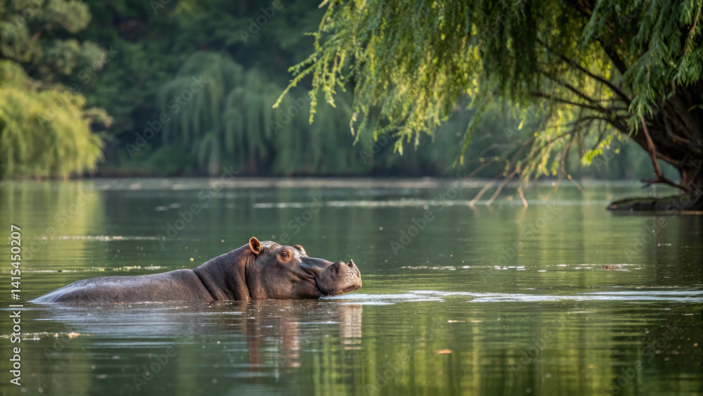 A hippopotamus is seen swimming in a calm river, partially submerged, with greenery lining the banks. The morning light enhances the serene atmosphere of this natural habitat