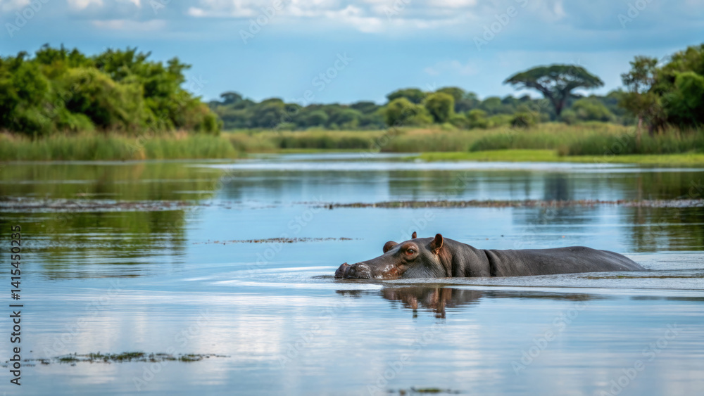 A hippo floats partially submerged in a serene river, surrounded by thick greenery. The water reflects the lush landscape and clear sky, showcasing nature's beauty