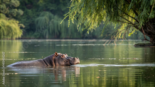 Obraz na płótnie A hippopotamus is seen swimming in a calm river, partially submerged, with greenery lining the banks. The morning light enhances the serene atmosphere of this natural habitat w salonie