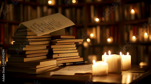 Illuminated academia: Stacked books, script, and flickering candles creating a study ambiance