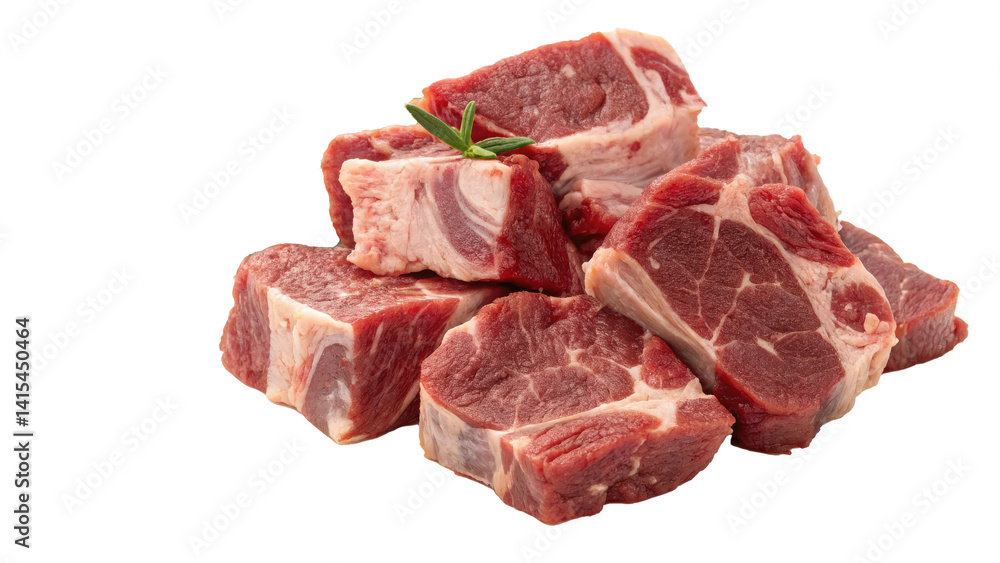 Chunks of raw goat meat are neatly cut for stew, showcasing rich red color and marbled texture. sprig of rosemary adds touch of freshness to arrangement Chunks of raw goat meat are neatly cut for stew, showcasing rich red color and marbled texture. sprig of rosemary adds touch of freshness to arrangement