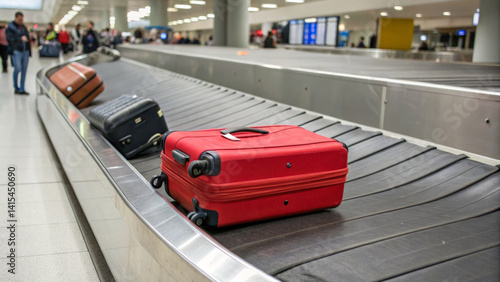 Brightly lit baggage claim area shows various pieces of luggage on the conveyor belt as travelers eagerly await their bags after arriving at the airport