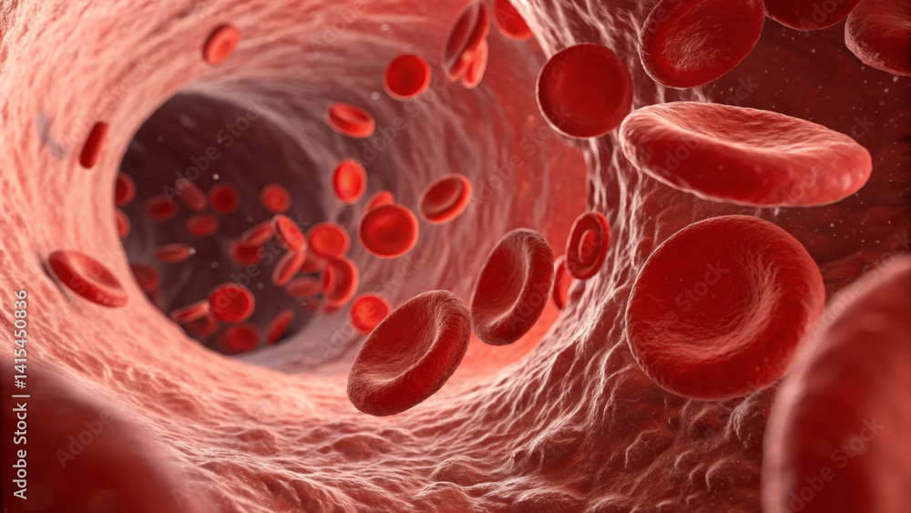 Red blood cells move rapidly through a vein, showcasing their vital role in oxygen transport. The interior of the blood vessel reveals the intricate structure supporting circulation