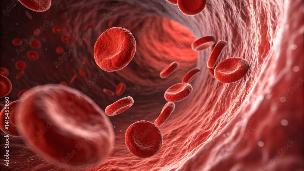 Red blood cells move through a blood vessel, showcasing their structure and the dynamic flow of blood within the human body. The highlighted details emphasize circulation and oxygen transport