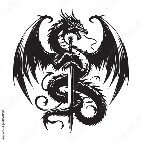 Dragon with sword black and white  tattoo design