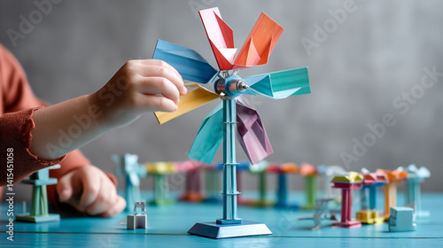 Obraz na płótnie Bright and Colorful Paper Windmill – Hands-On DIY Project for Crafting Fun and Skill Development in Childhood Education w salonie