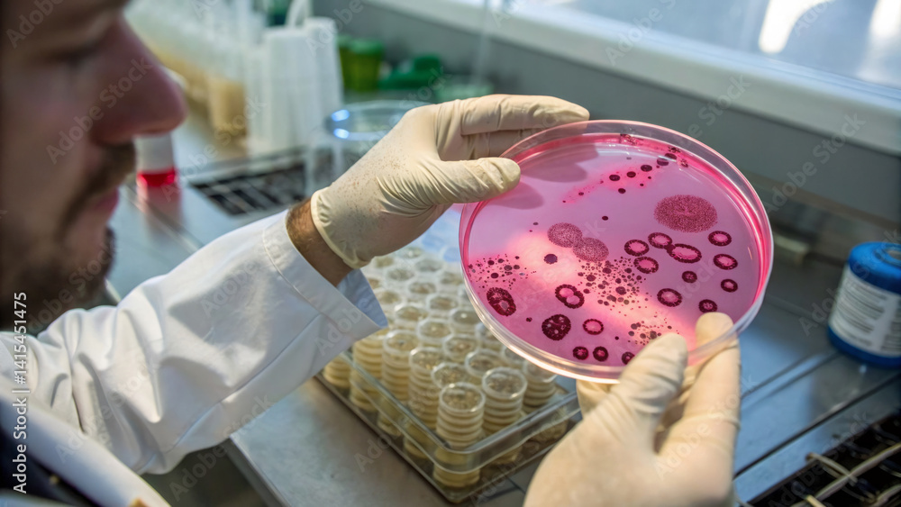 A scientist in a lab coat inspects a petri dish filled with colorful bacterial cultures. Various growth patterns are visible in the dish under bright, natural light