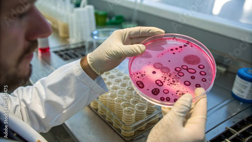 Obraz na płótnie A scientist in a lab coat inspects a petri dish filled with colorful bacterial cultures. Various growth patterns are visible in the dish under bright, natural light w salonie