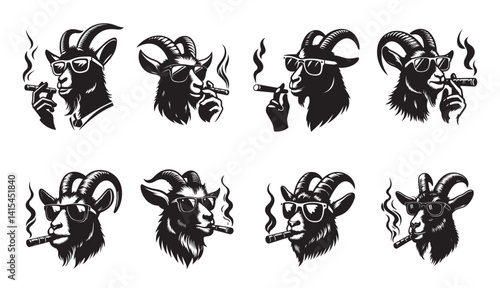 Goat wears sunglasses and smoking cigar black and white vector illustration set