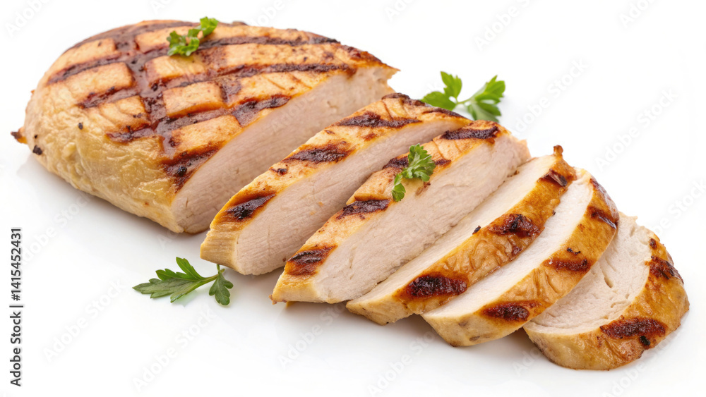 Juicy grilled chicken breast is neatly sliced and arranged. Fresh herbs add a touch of color, highlighting the delicious texture and flavor of the dish