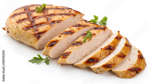 Obraz na płótnie Juicy grilled chicken breast is neatly sliced and arranged. Fresh herbs add a touch of color, highlighting the delicious texture and flavor of the dish w salonie