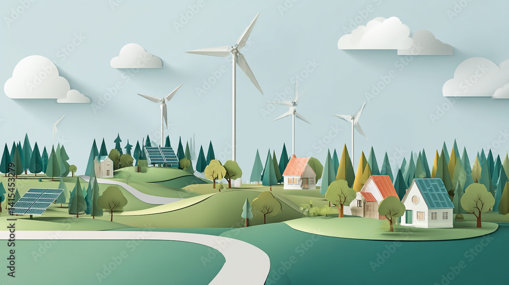 Paper Art Landscape Featuring Wind Turbines & Solar Panels Highlights Renewable Energy in Eco-Friendly Countryside