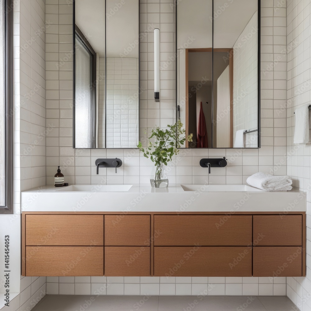 A modern double vanity bathroom with white subway tiles and warm wood cabinets. A modern double vanity bathroom with white subway tiles and warm wood cabinets.