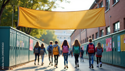 Wallpaper Mural Horizontal banner mockup. Yellow blank banner stretched over outdoor school corridor with children carrying backpacks, perfect for educational announcements or campus advertising Torontodigital.ca