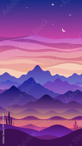 A beautiful mountain range with a purple sky and a cactus in the foreground. The mountains are covered in purple and the sky is a deep purple color. The cactus is small